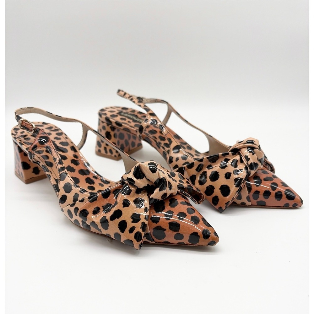 Larroude Elle Cheetah Print Patent Leather Slingback Block Heel Pumps Bow 39 - Picture 3 of 9